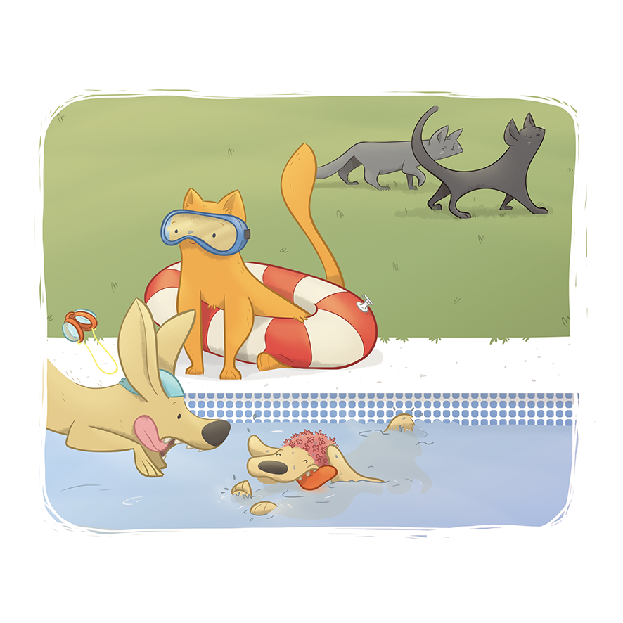 Ilustración infantil digital de gato y perros en piscina de verano por Ester Garay