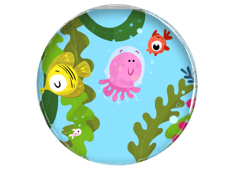 Usborne sample jellyfish maze puzzle children's book illustration fish sea undersea cute Ilustración infantil muestra laberinto